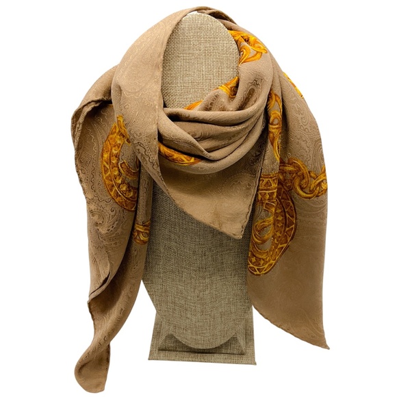 CHANEL TAUPE / GOLD CC LOGO CHAIN PRINT SQUARE SILK TWILL SCARF - Picture 3 of 8